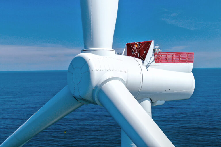 Close up of offshore wind turbine with Ultra High Performance Concrete (UHPC) foundations from Y-MatTec at Nissum Bredning